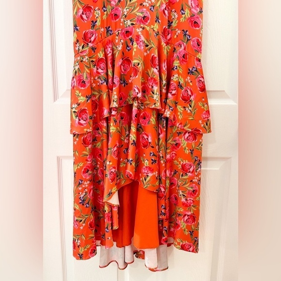Keepsake the Label For Me Gown Tangerine Orange Floral Ruffle Trim Satin Dress - Picture 9 of 11